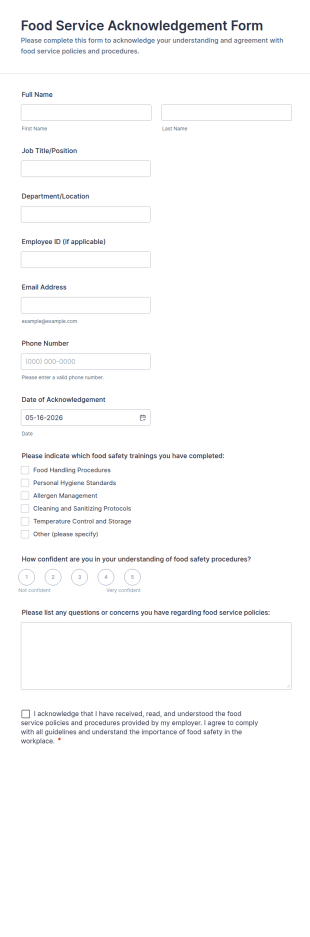 Food Service Acknowledgement Form Template