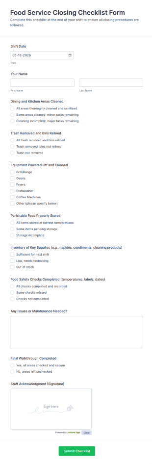Food Service Closing Checklist Form Template