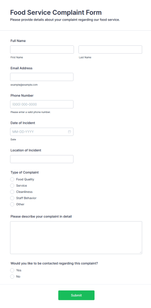 Food Service Complaint Form Template