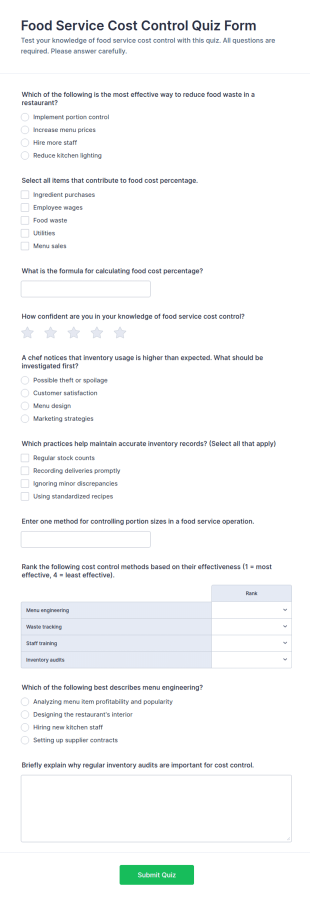 Food Service Cost Control Quiz Form Template