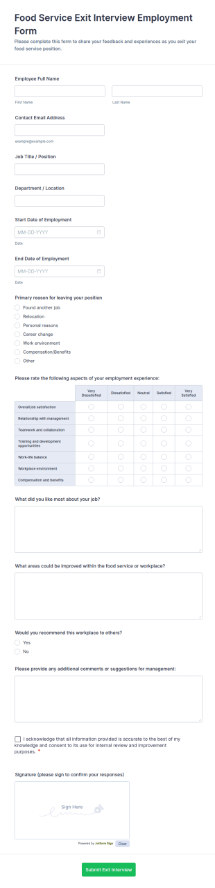 Food Service Exit Interview Employment Form Template
