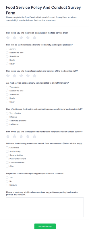 Food Service Policy And Conduct Survey Form Template