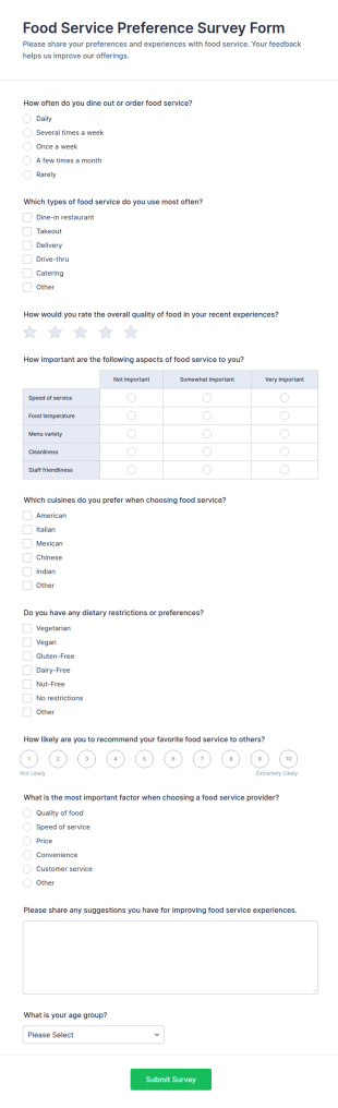 Food Service Preference Survey Form Template