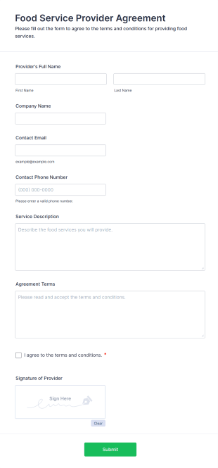 Food Service Provider Agreement Form Template