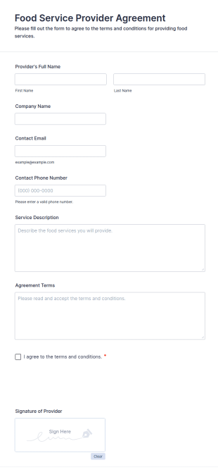 Food Service Provider Agreement Form Template