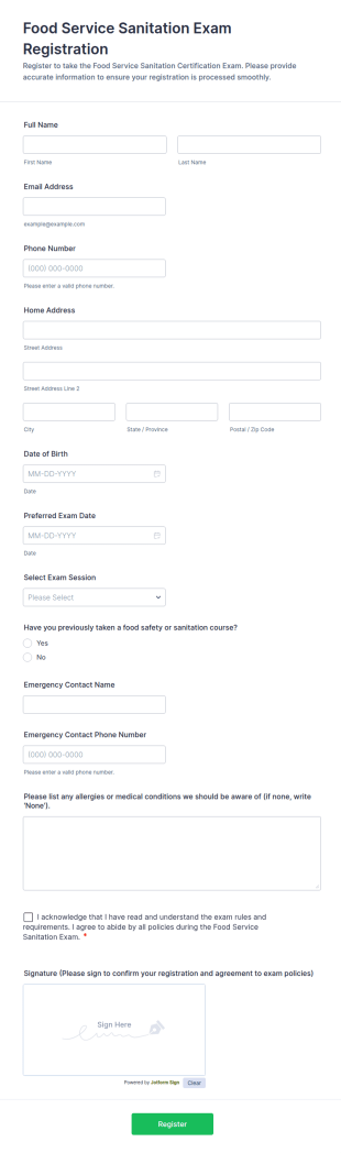 Food Service Sanitation Exam Registration Form Template