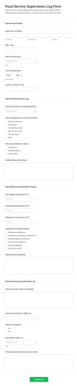 Food Service Supervision Log Form Template
