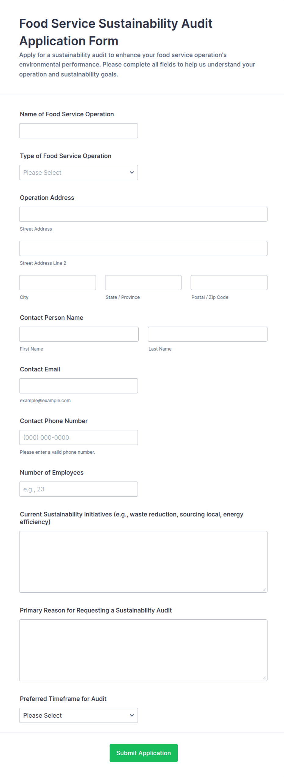 Food Service Sustainability Audit Application Form Template | Jotform