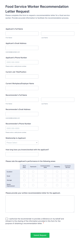 Food Service Worker Recommendation Letter Request Form Template