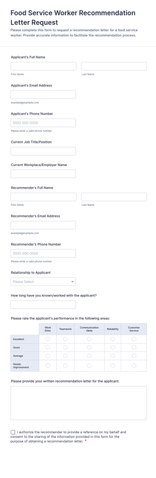 Food Service Worker Recommendation Letter Request Form Template