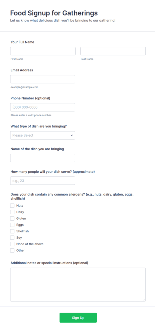 Food Signup For Gatherings Form Template
