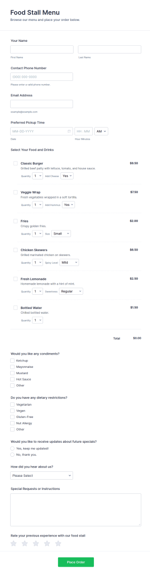 Food Stall Menu Form Template