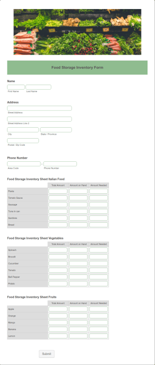 Food Storage Inventory Form Template