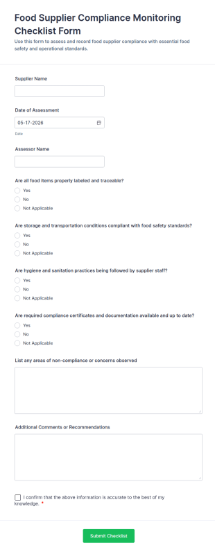 Food Supplier Compliance Monitoring Checklist Form Template