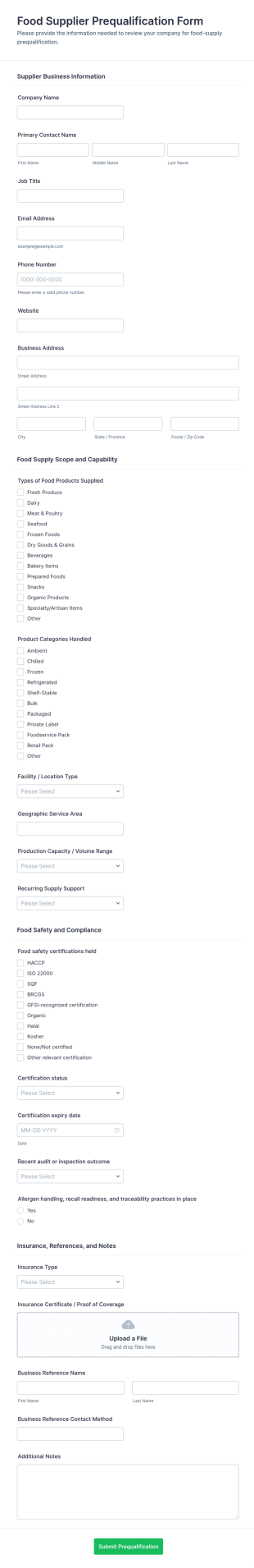 Food Supplier Prequalification Form Template