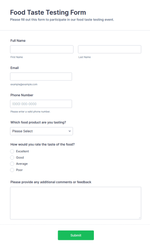 Food Taste Testing Form Template