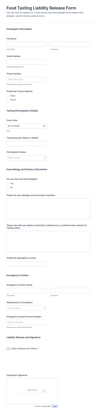 Food Tasting Liability Release Form Template