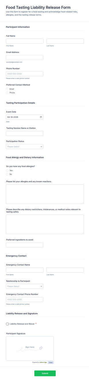Food Tasting Liability Release Form Template