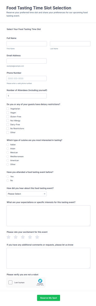 Food Tasting Time Slot Selection Form Template