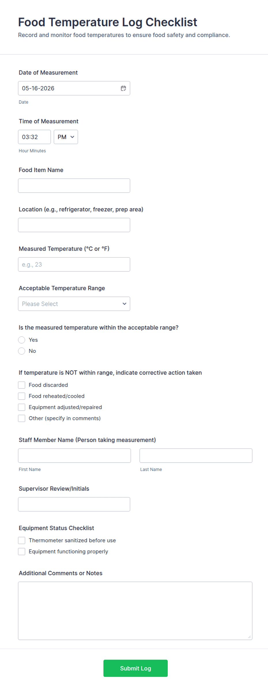 Food Temperature Log Checklist Form Template | Jotform