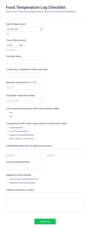 Food Temperature Log Checklist Form Template