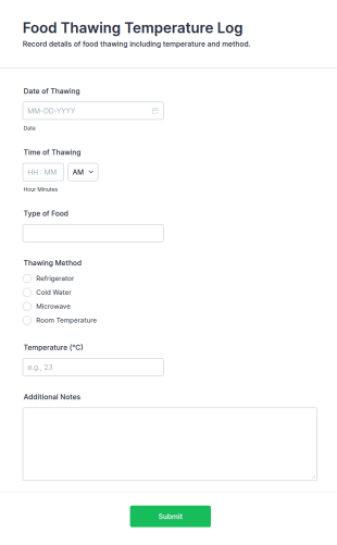 Food Thawing Temperature Log Form Template