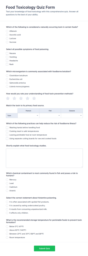 Food Toxicology Quiz Form Template
