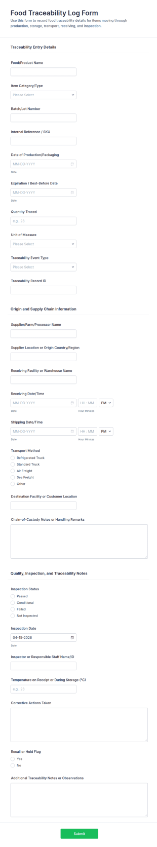 Food Traceability Log Form Template