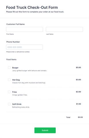 Food Truck Check Out Form Template