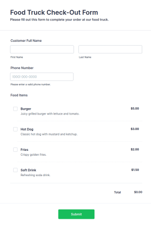 Food Truck Check Out Form Template