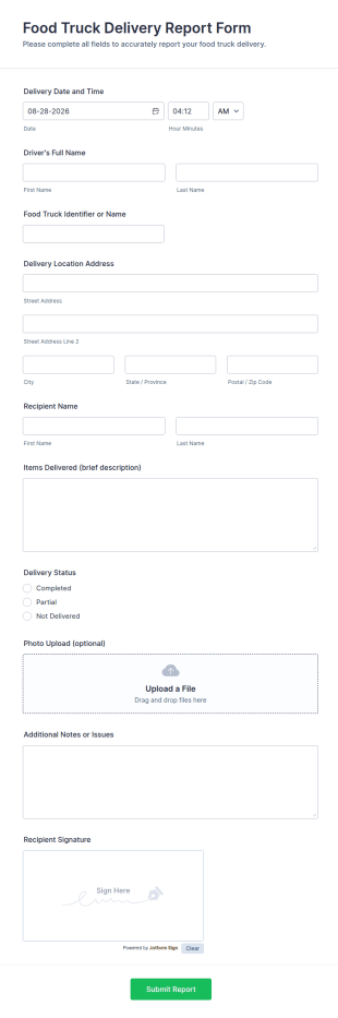 Food Truck Delivery Report Form Template