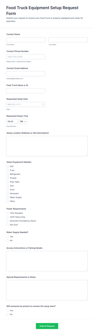 Food Truck Equipment Setup Request Form Template