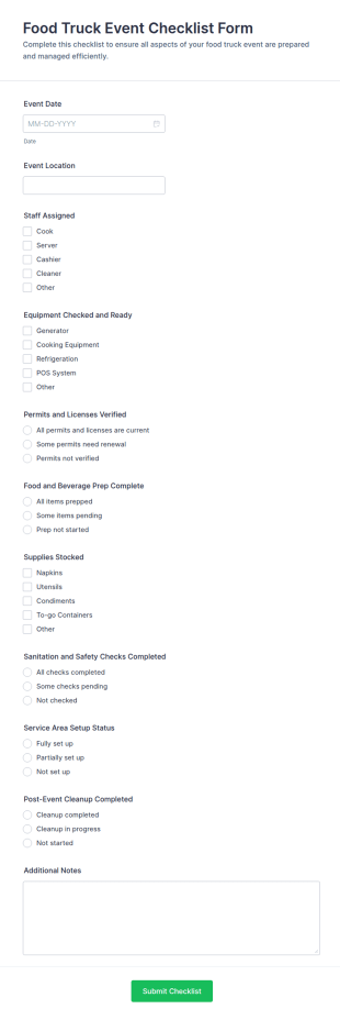 Food Truck Event Checklist Form Template