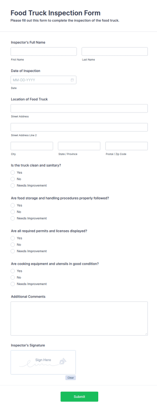 Food Truck Inspection Form Template