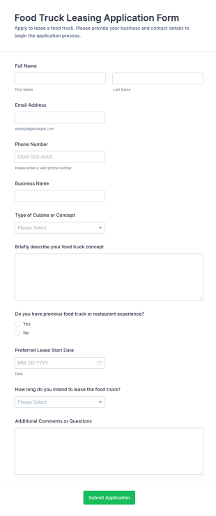 Food Truck Leasing Application Form Template