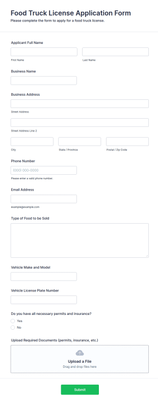 Food Truck License Application Form Template