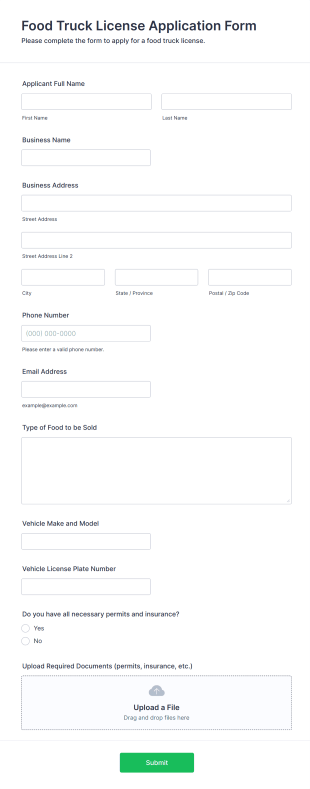 Food Truck License Application Form Form Template
