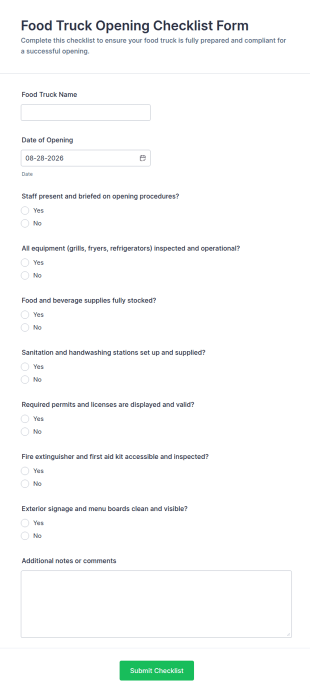 Food Truck Opening Checklist Form Template