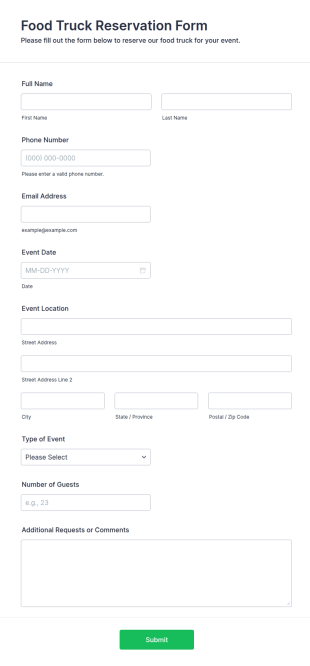 Food Truck Reservation Form Template