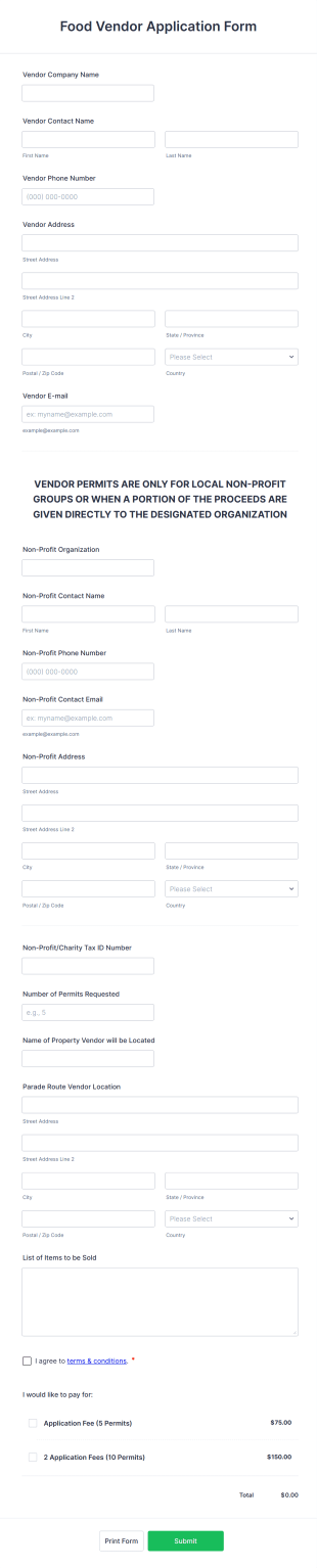 Food Vendor Application Form Template
