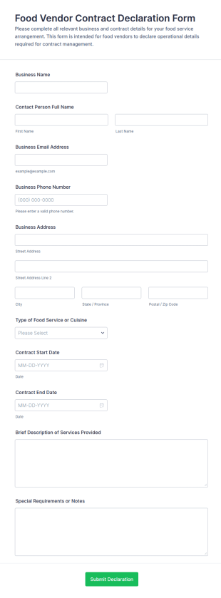 Food Vendor Contract Declaration Form Template