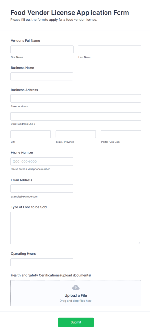 Food Vendor License Application Form Form Template