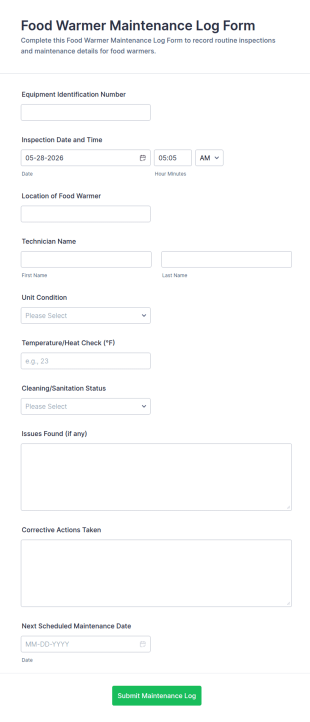 Food Warmer Maintenance Log Form Template