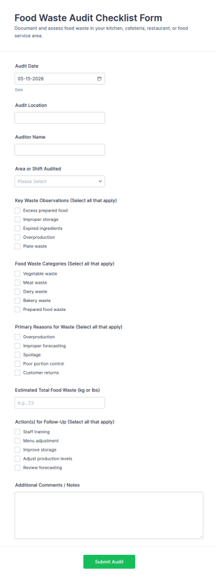 Food Waste Audit Checklist Form Template