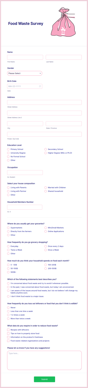 Food Waste Survey Form Template