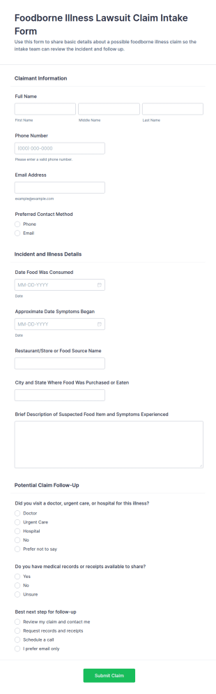 Foodborne Illness Lawsuit Claim Intake Form Template