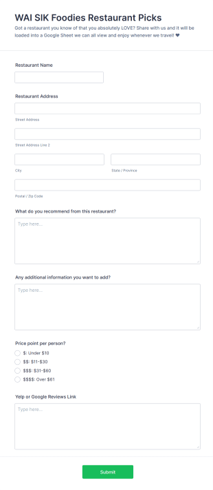 Restaurant Recommendation Form Template