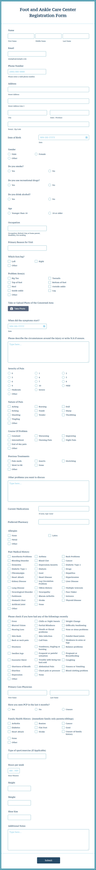 Foot And Ankle Care Center Registration Form Template