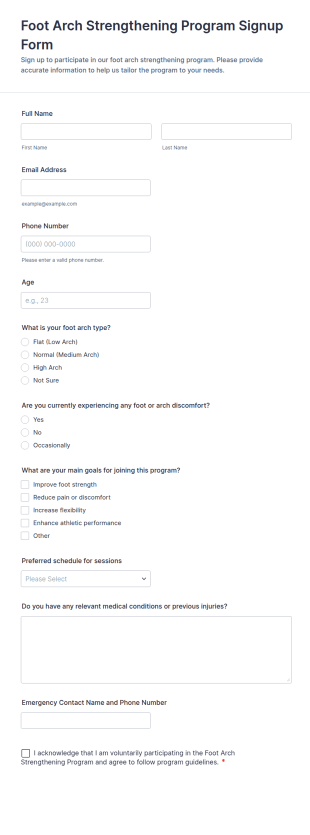 Foot Arch Strengthening Program Signup Form Template