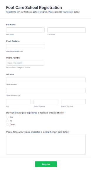 Foot Care School Registration Form Template